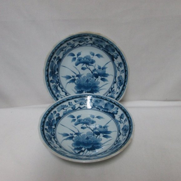 Vintage Blue Transferware Bowl Set 2 Porcelain Peony Japanese Asian - Picture 2 of 9